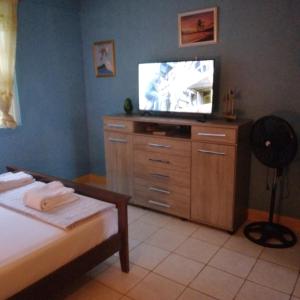 een slaapkamer met een tv op een dressoir bij Danglez Bed & Breakfast in Bataka