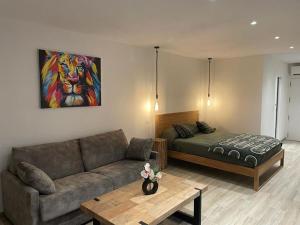 ein Wohnzimmer mit einem Sofa und einem Bett in der Unterkunft Charmant studio avec vue mer, terrasse Anse-Marcel in Anse Marcel 
