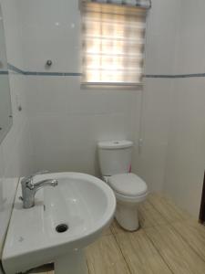 een witte badkamer met een toilet en een wastafel bij Lakeside Lodge in Apenkwa