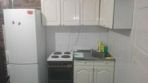 a small kitchen with a stove and a refrigerator at Vila Krasava in Krupanj