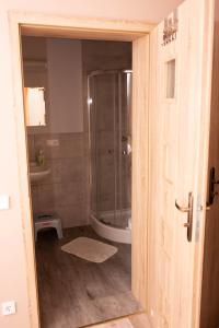 a bathroom with a shower and a glass door at Agroturystyka Robinia in Bałtów +21 photos