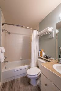 a bathroom with a toilet and a tub and a sink at Windtower Lodge - Canmore in Canmore