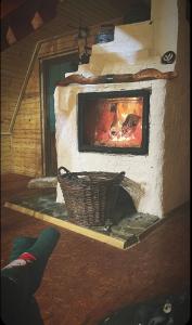 un horno de ladrillo con un fuego dentro de él en Catunu’ lui Emil en Cărbuneşti