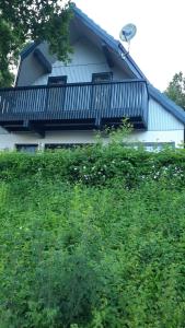 a house with a balcony and a lot of bushes at Ferienhaus im Seepark Kirchheim in Kirchheim