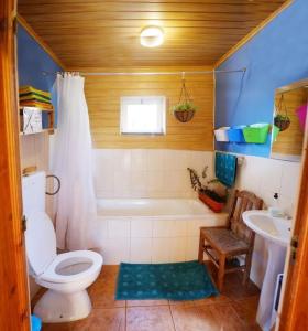 y baño con aseo, bañera y lavamanos. en A Barraka: your cozy house in Flores!, en Lajes das Flores