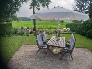 een houten tafel met stoelen en een parasol bij tuinfluiter 50 in Oisterwijk
