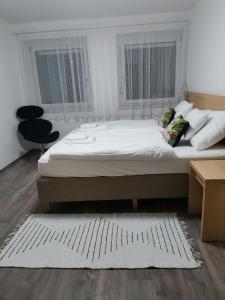 a bedroom with a bed with a rug and two windows at Eisenerzer Apartmenthaus in Eisenerz