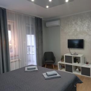 a bedroom with a bed and a tv and a chair at Apartman Lola in Subotica