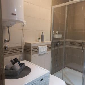 La salle de bains est pourvue d'une douche, de toilettes et d'un lavabo. dans l'établissement Apartman Lola, à Subotica