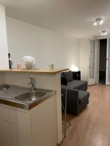 uma cozinha e sala de estar com um lavatório e um sofá em Superbe Appartement Paris 16 em Paris