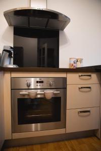 a kitchen with a stainless steel oven with a hood at Au Reflet Du Pont in La Rivière Saint Sauveur +1 photo