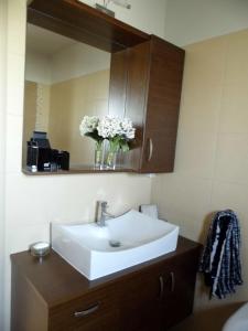 baño con lavabo, espejo y flores en Homing Volos Exclusive Luxury Residence, en Volos