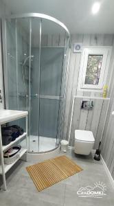a bathroom with a shower and a toilet and a sink at CzaDomki in Ustroń
