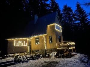 a house with lights on the side of it at night at Wellness Chalet FiMiLi in Liptovská Sielnica