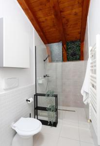 a white bathroom with a toilet and a shower at One Love Central Cottage in Bucharest