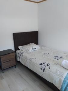 ein Schlafzimmer mit einem Bett und einem Nachttisch daneben in der Unterkunft Antawara in Chile Chico