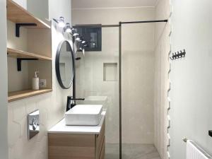a white bathroom with a sink and a shower at FLH - Nana's apartment in Sibiu