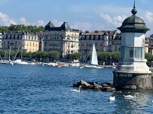 a large body of water with a lighthouse and a sailboat at La Romély in Arzier