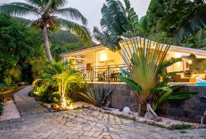 a house with palm trees and a stone walkway at VILLA « FLEUR DE PIRATE » in Saint Martin