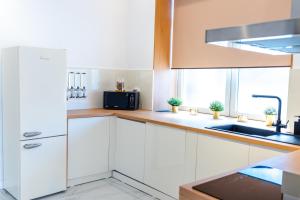 eine weiße Küche mit einer Spüle und einem Kühlschrank in der Unterkunft Thome Exclusive Cuvee Turda in Turda