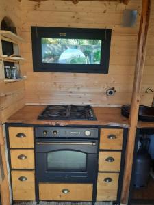 einen Herd in einem winzigen Haus mit TV darüber in der Unterkunft La petite maison dans la prairie 