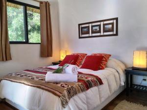 a bedroom with a large bed with red pillows at Aloha Village in La Pedrera