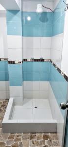 a bathroom with a shower with blue and white tiles at Hospedaje apus in Huaraz
