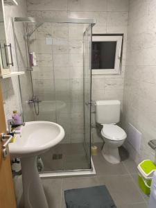 a bathroom with a shower and a toilet and a sink at Sunny Prishtina Apartment in Pristina