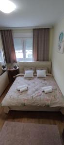 een slaapkamer met een bed met 2 kussens erop bij Apartman Mali Raj in Vrnjačka Banja