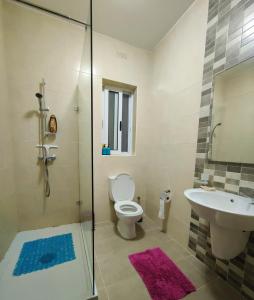 a bathroom with a toilet and a sink and a shower at Fur, Purr & Pool in Marsalforn