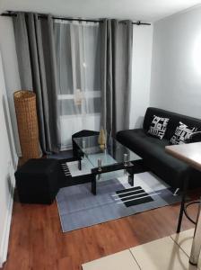 sala de estar con sofá negro y mesa en santiago centro, en Santiago