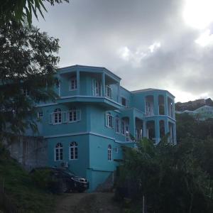 a blue house with a car parked in front of it at Abigail's Spectacular 2 bedrooms-Entire Apartment in Tortola Island