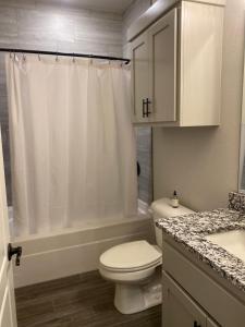 a white bathroom with a toilet and a shower at Private entrance apartment in Bentonville