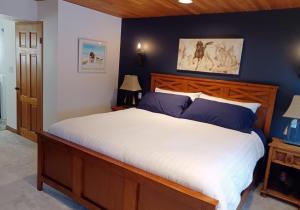 a bedroom with a large bed with blue walls at Hannie's Gasthuis in Blind Bay