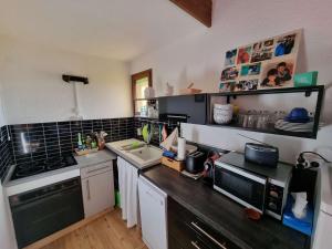 a small kitchen with a sink and a microwave at Charmant Duplex Pied des Pistes - 6 Pers, Wifi, Balcon, Lave-linge - FR-1-393-163 in Saint-Michel-de-Chaillol