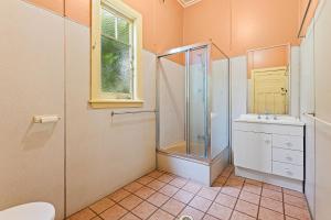 a bathroom with a shower and a sink and a toilet at The Seamist Cottage in Narooma