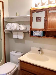 een badkamer met een wastafel, een toilet en handdoeken bij Ocean's Edge Suite in Campbell River