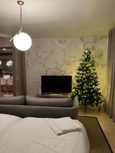 ロヴァニエミにあるアパートメント オーロラのリビングルーム(クリスマスツリー、ソファ付)