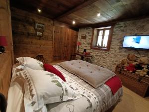 a bedroom with a bed and a flat screen tv at La montagnarde des Sapins Blancs in Vacheresse