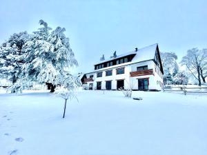 einen schneebedeckten Hof mit einem Haus und einem Baum in der Unterkunft Berghotel Hohegeiß in Hohegeiß