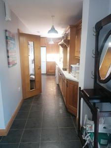 Glenarm的住宿－Fern house，厨房配有木制橱柜和瓷砖地板。