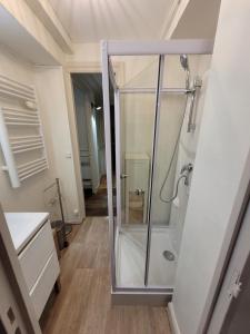 a shower with a glass door in a bathroom at Le Sarciron in Le Mont-Dore