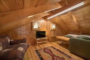 a log cabin bedroom with a tv and a couch at Chalet indipendente Mas Tarlenta nel Parco Nazionale dello Stelvio in Peio