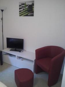 a living room with a red chair and a television at Studio Dijon Rue Pietonne in Dijon