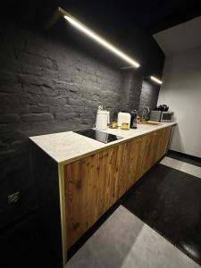 a kitchen with a sink and a brick wall at DarkHouse Versace Blue in Łódź