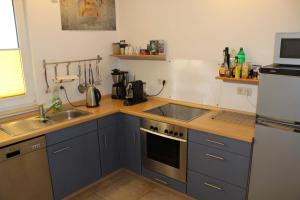 eine Küche mit blauen Schränken, einer Spüle und einem Kühlschrank in der Unterkunft Ferienwohnung "Schwanenwiek" in Lubmin