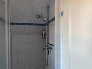 a bathroom with a shower with a shower head at Ferienwohnung Marina am Ryck in Greifswald