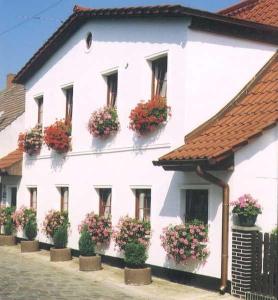 um edifício branco com caixas de flores ao lado em Ferienwohnungen Familie Daehn em Wieck