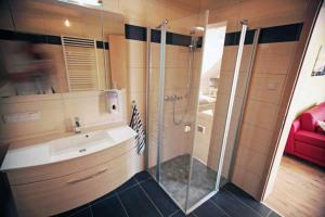ein Bad mit einer Dusche und einem Waschbecken in der Unterkunft Ferienappartements Jack & Richies in Greifswald