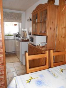 a kitchen with a counter with a microwave on it at Ferienwohnungen Ute Simdorn in Görke